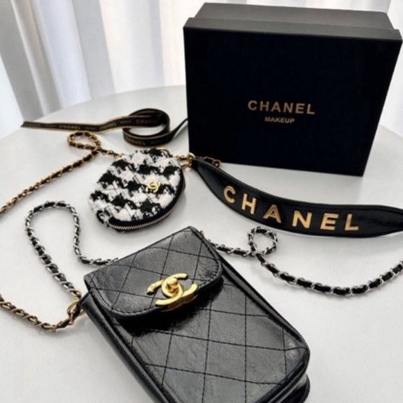CHANEL CC Black purse Bag Set logo gold tweed chain crossbody phone wallet - Picture 9 of 9